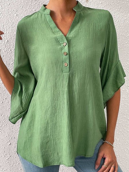 

Loose Plain V Neck Casual Shirt, Green, Shirts & Blouses
