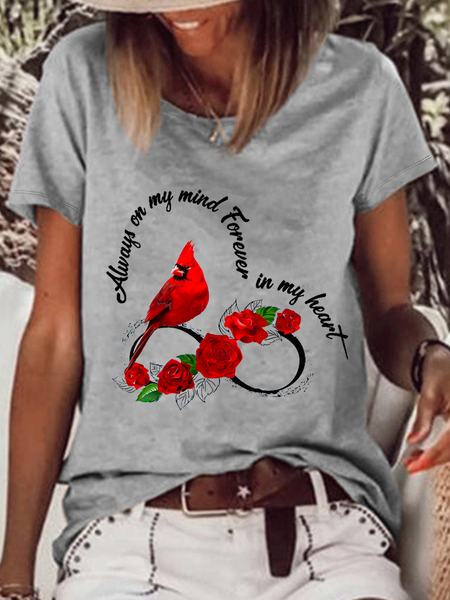 

Women's Always On My Mind Cardinal Rose Infinite Love Memorial Casual Cotton-Blend Bird Crew Neck T-Shirt, Gray, T-shirts