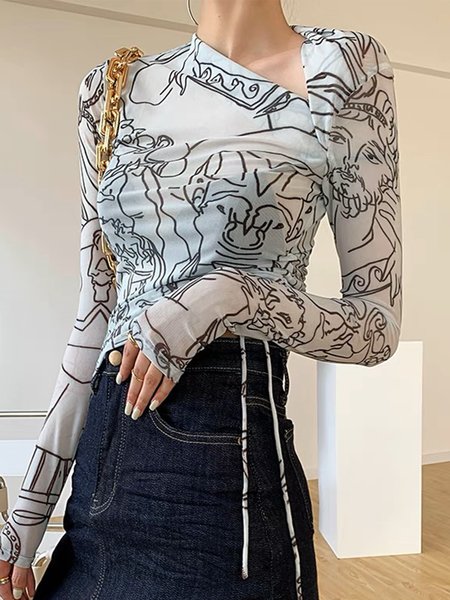 

Urban Asymmetrical Tight Long Sleeve T-Shirt, As picture, Tees