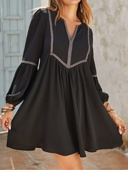 

Casual Loose V Neck Dress With No Belt, Black, Dresses