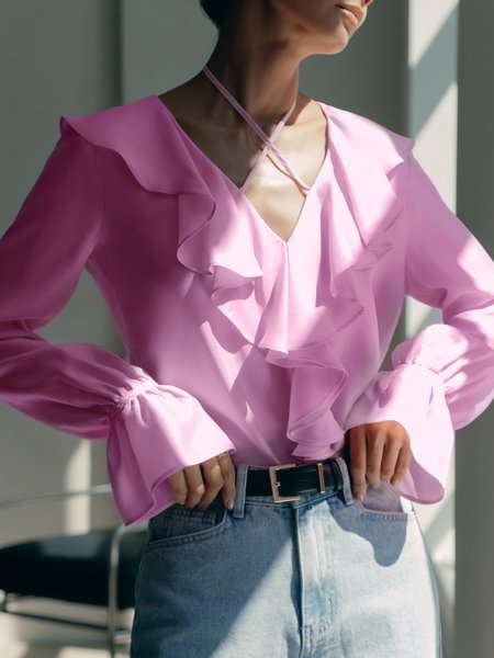 

Long sleeve Plain Loose Elegant V Neck Blouse, Pink, Blouses and Shirts