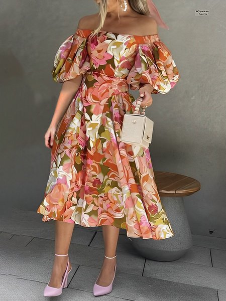 

Cold Shoulder Floral Elegant Lantern Sleeve Regular Fit Dress, As picture, Midi Dresses