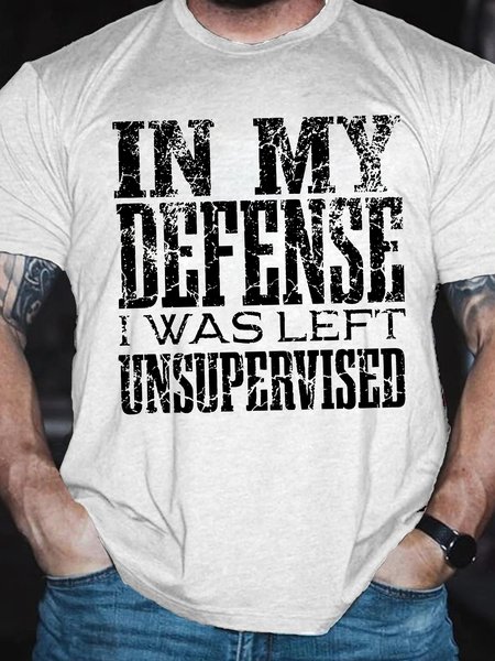 

Men's Funny In My Defense I Was Left Unsupervised Graphic Printing Text Letters Cotton Casual Crew Neck T-Shirt, White, T-shirts