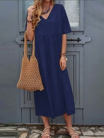 

Plain Loose Casual Dress With No Belt, Blue, Dresses