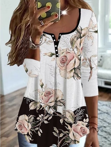 

Floral Crew Neck Loose Casual Shirt, White, Shirts & Blouses