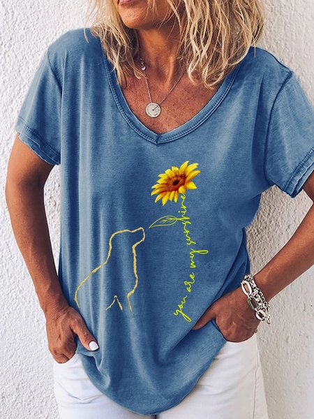 

Women's You Are My Sunshine Dog Sunflower Casual Letters Cotton T-Shirt, Blue, T-shirts
