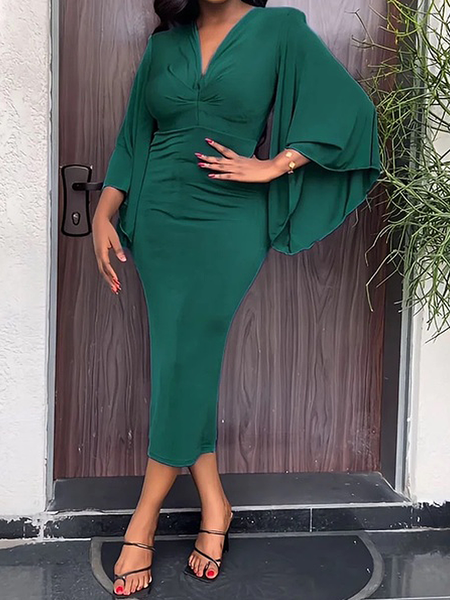 

Tight High Elasticity Three Quarter Elegant V Neck Plain Midi Dress, Green, Midi Dresses