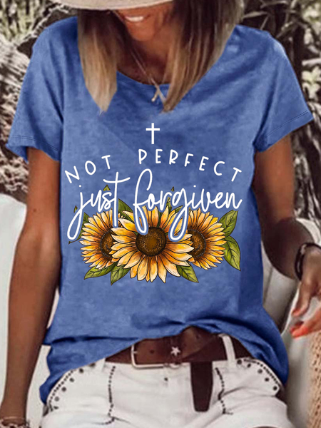 

Women's Forgiven Sunflower Cotton-Blend Text Letters Crew Neck Casual T-Shirt, Blue, T-shirts