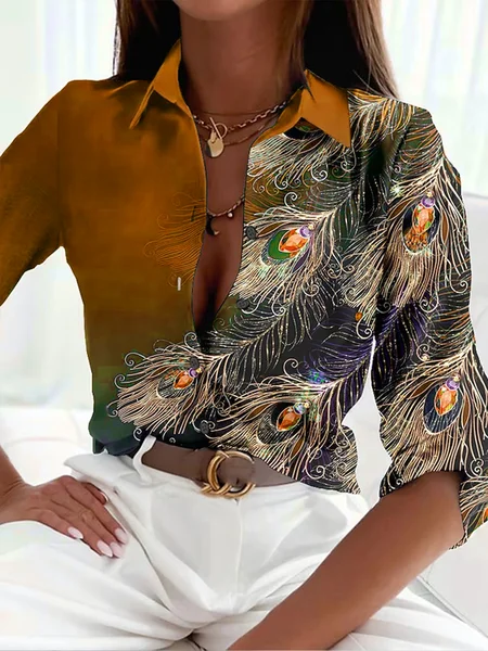 

Casual Shirt Collar Feather Pattern Blouse, Brown, Shirts & Blouses