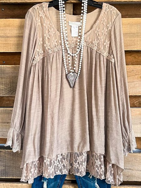 

Loose Casual Plain Shirt, Khaki, Shirts & Blouses