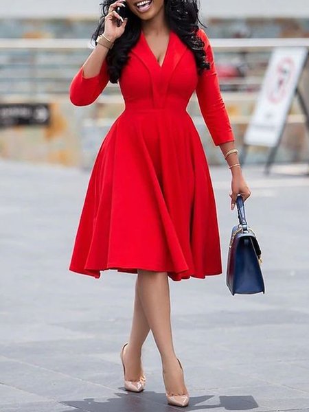 

Regular Fit Plain V Neck Elegant Midi Dress With No Belt, Red, Midi Dresses