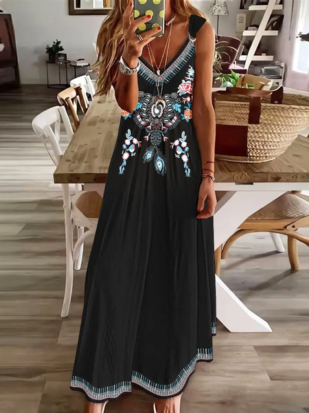 

Ethnic V Neck Loose Casual Dress, Black, Dresses