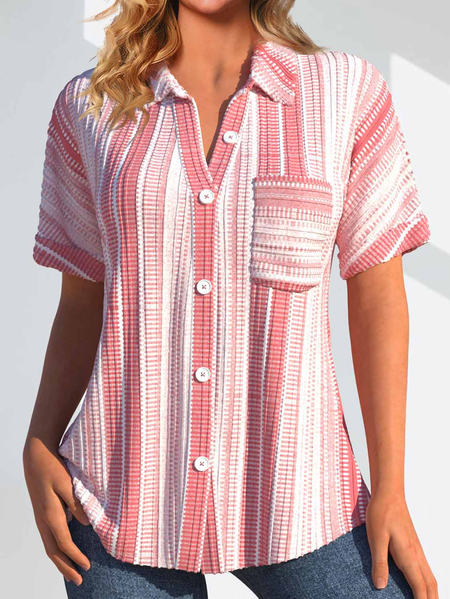 

Striped Loose Shirt Collar Casual Shirt, Red, Shirts & Blouses