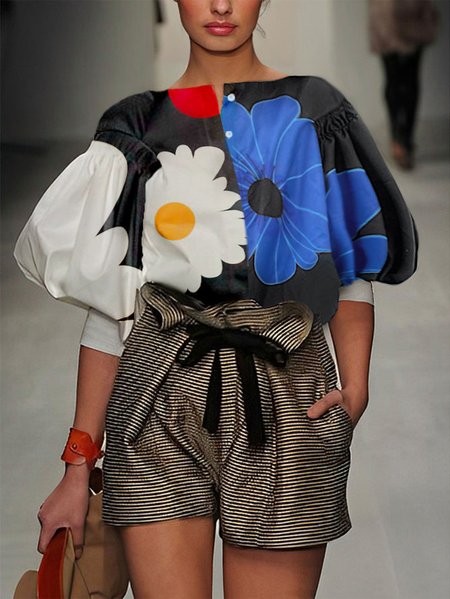 

Urban Floral Regular Fit Crew Neck Blouse, As picture, Blouses and Shirts