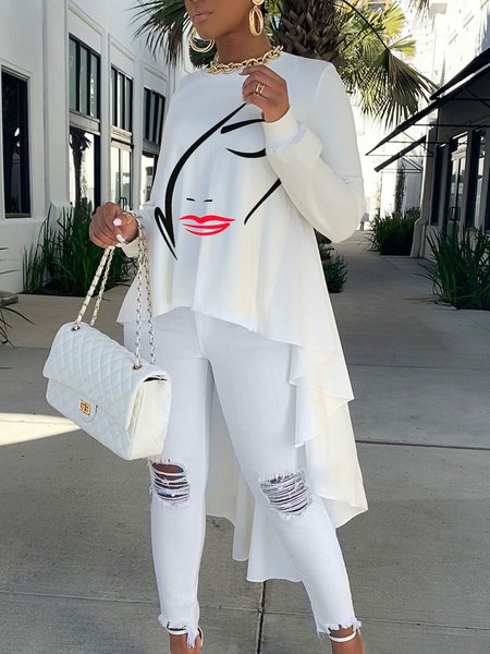 

Urban Loose Face Crew Neck Long Sleeve Shirt, White, Blouses and Shirts