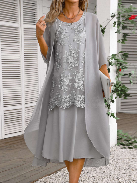

Elegant Plain Lace Loose Two-Piece Set, Gray, Suit Set