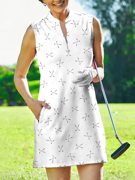

Stand Collar Zipper Casual Golf Dress, White, Elegant Dresses