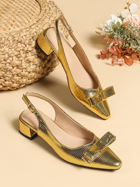 

Gold Bowknot Pointed Chunky Heels Dress Shoes, Golden, Heels