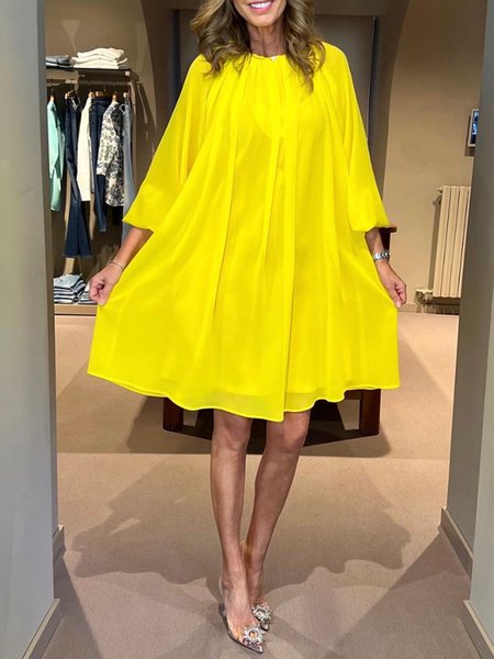 

Elegant Crew Neck Plain Three Quarter Dress With No Belt, Yellow, Mini Dresses