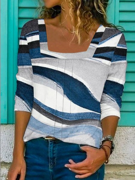 

Square Neck Abstract Casual T-Shirt, Blue, T-Shirts
