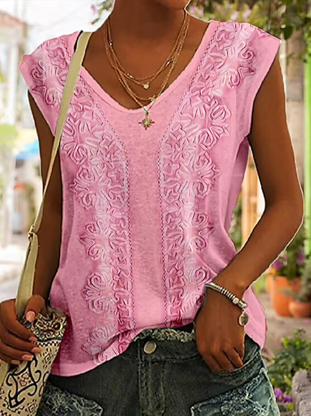 

Loose V Neck Casual Tank Top, Pink, Tanks & Camis