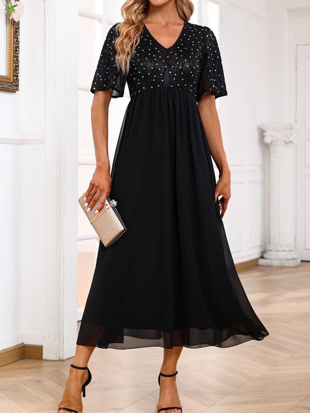 

Plain Elegant Regular Fit Glitter Dress With No Belt, Black, Dresses