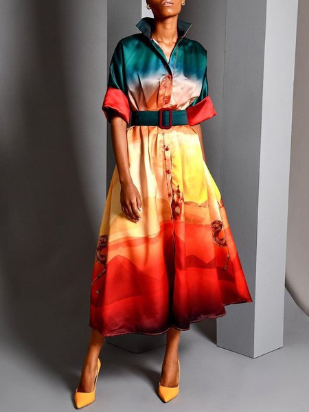 

Shirt Collar Painting Regular Fit Elegant Dress With Belt, Red, Midi Dresses
