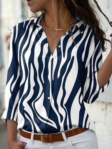 

Casual Shawl Collar Loose Blouse, White-blue, Shirts & Blouses
