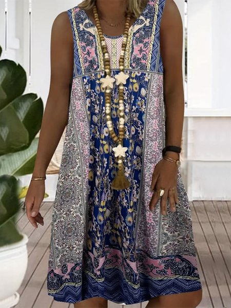 

Loose V Neck Ethnic Casual Dress, Dark blue, Dresses
