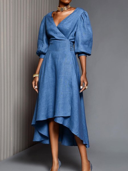 

Elegant Regular Fit Plain V Neck Faux Denim Dress, Blue, Midi Dresses