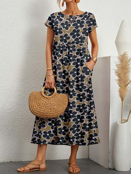 

Crew Neck Floral Casual Dress, Khaki, Dresses