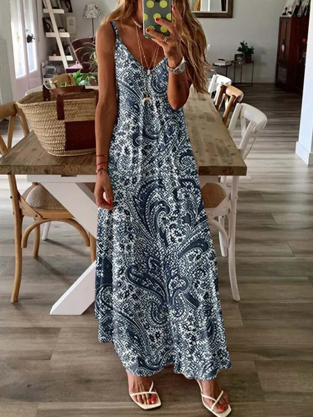 

Casual Paisley Cotton Loose Spaghetti Dress, Blue, Casual Dresses
