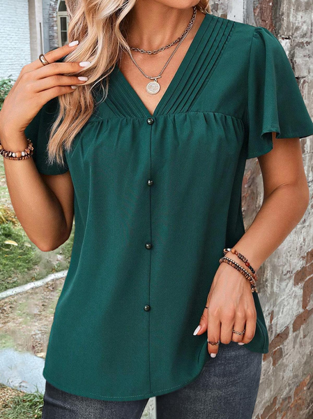

V Neck Casual Plain Loose Shirt, Dark green, Shirts & Blouses