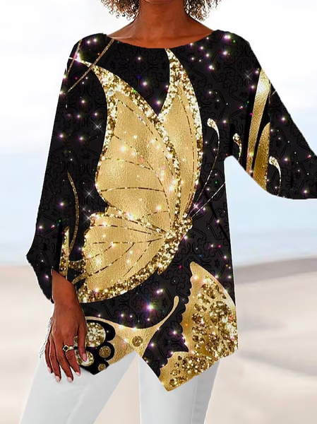 

Loose Crew Neck Casual Butterfly Shirt, Black, Shirts & Blouses