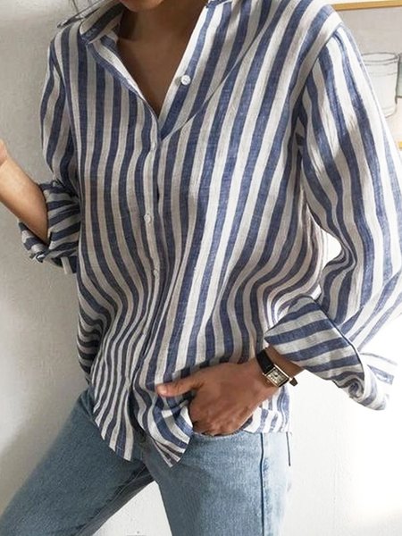 

Striped Shirt Collar Casual Blouse, Blue, Blouses & Shirts