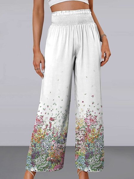

Loose Casual Floral Pants, White, Pants