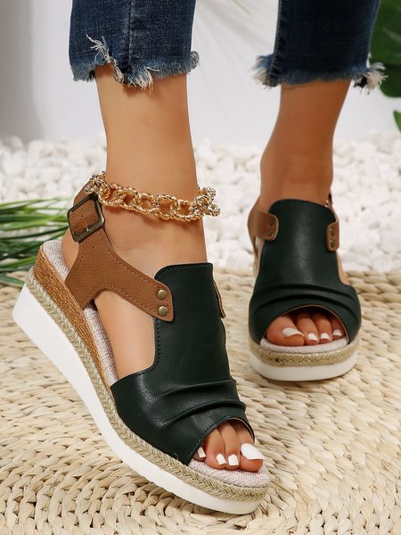 

Color Block Ruched Wedge Heel Espadrille Sandals, Dark green, Sandals
