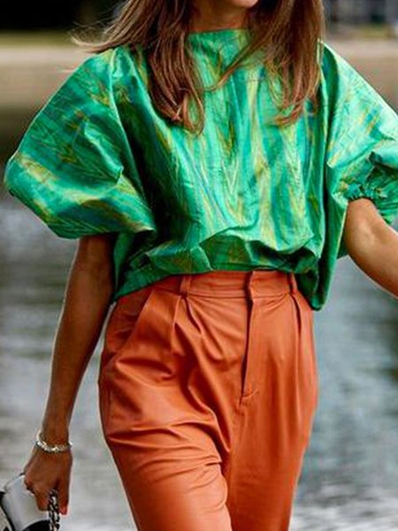 

Loose Casual Crew Neck Shirt, Green, Blouses and Shirts
