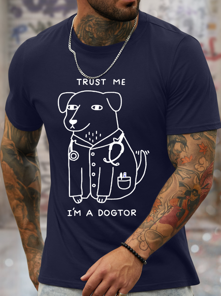 

Men's Funny Trust Me I Am A Dogtor Graphic Printing Crew Neck Cotton Loose Casual T-Shirt, Purplish blue, T-shirts