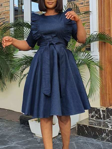 

Crew Neck Denim Plain Elegant Denim Dress, Blue, Midi Dresses