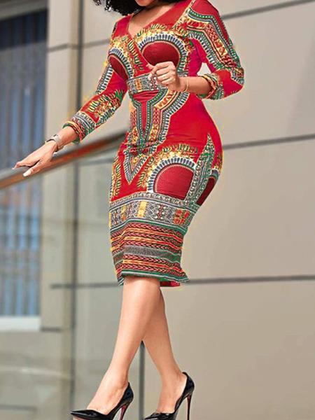 

Tight High Elasticity Ethnic V Neck Long sleeve Elegant Dress, Red, Midi Dresses