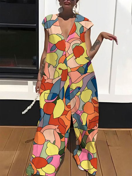 

Loose Casual Abstract Graphic Jumpsuit, Multicolor, Jumpsuits