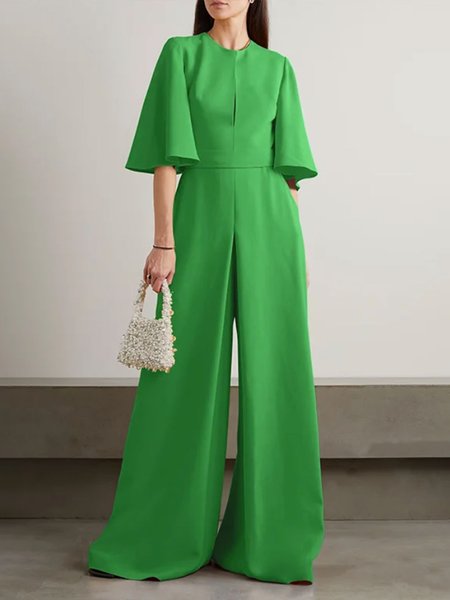 

Crew Neck Urban Plain Regular Fit Jumpsuit, Green, Jumpsuits