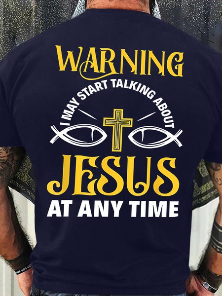 

Men's Funny Warning Jesus At Any Time Graphic Printing Loose Crew Neck Cotton Casual T-Shirt, Purplish blue, T-shirts