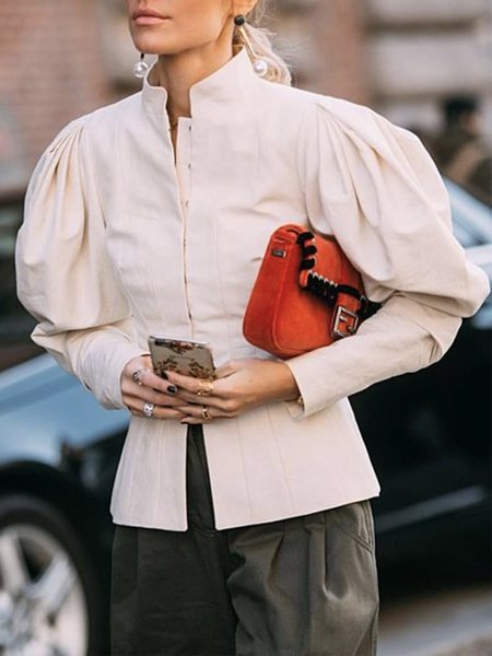 

Long sleeve Stand Collar Urban Plain Blouse, Off white, Blouses and Shirts