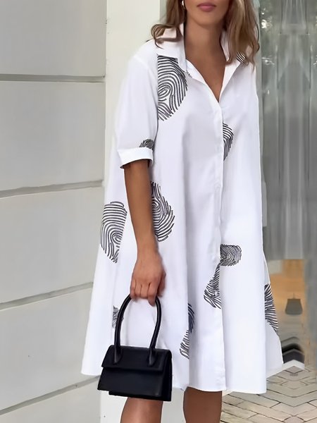 

Urban Loose Shirt Collar Polka Dots Dress With No Belt, White, Midi Dresses