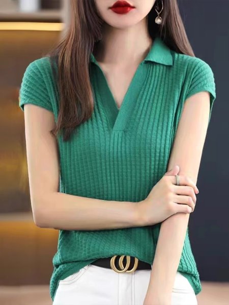 

Short sleeve Shirt Collar Elegant Plain Sweater, Green, Pullovers
