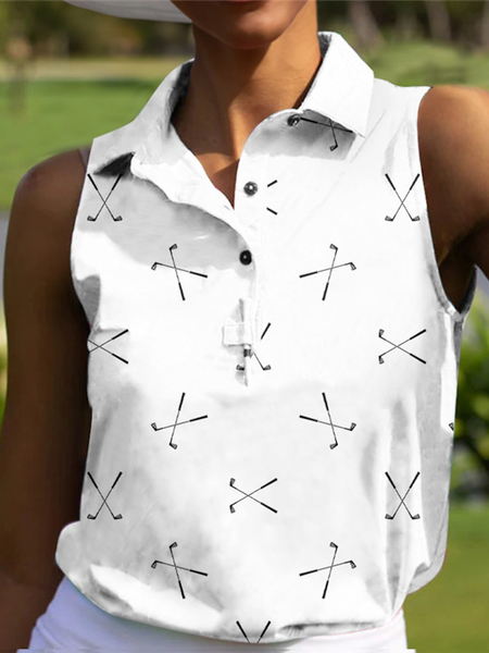 

Polo Collar Geometric Casual Golf Tank Top, White, Tanks & Camis
