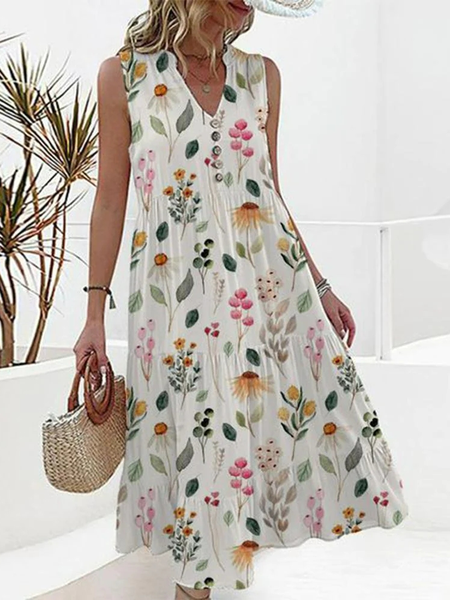 

Casual Cotton V Neck Floral Dress, White, Casual Dresses