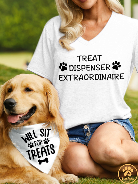 

Women's Treat dispenser extraordinaire V Neck Casual Matching Dog Print T-Shirt T-Shirt, White, T-shirts
